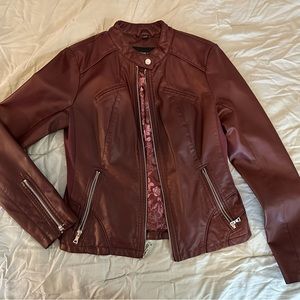 Burgundy / maroon faux leather jacket with brass detailing